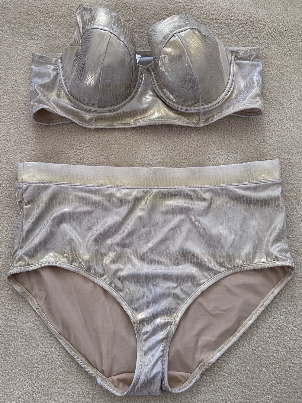 Cacique Metallic Goldtone Underwire Bra & High-Waist Bikini Set